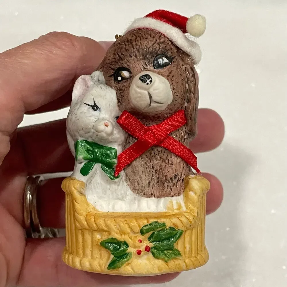 Vintage Porcelain Christmas Puppy Kitten Bell Ornament JSNY Santa Hat Dog Cat